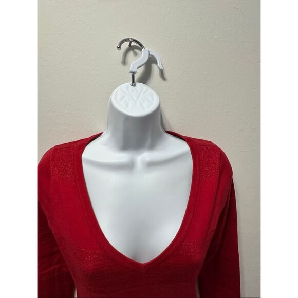 GUESS Red V Neck Long Sleeved Sweater Tunic Holiday Sparkle Stripes Size S - Picture 3 of 11